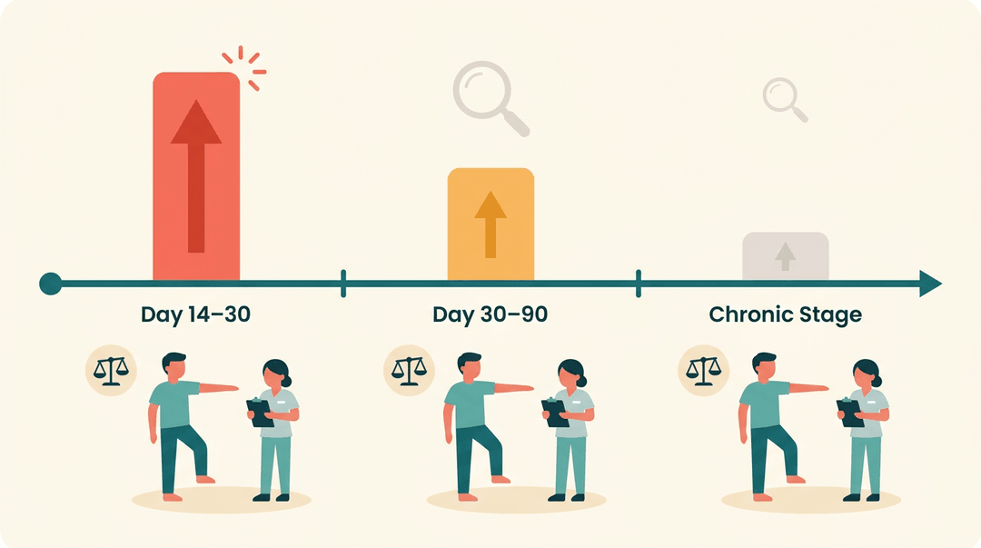 Timeline showing patient balance improvement declining from Day 14 to the chronic stage.