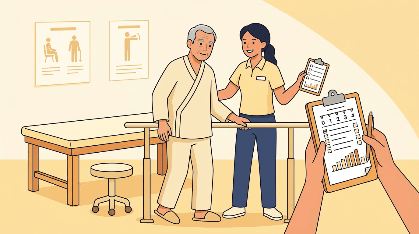 A therapist supports a stroke patient practicing balance near parallel bars while holding a clipboard with a scoring scale.