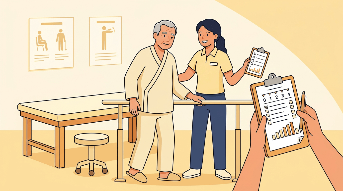 A therapist supports a stroke patient practicing balance near parallel bars while holding a clipboard with a scoring scale.