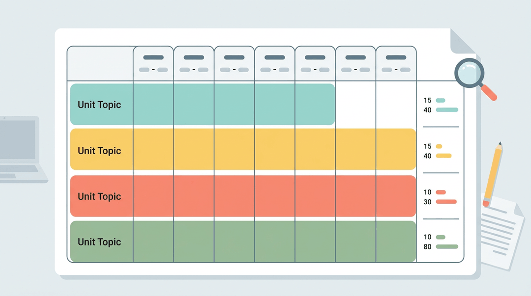 A clean, color-coded spreadsheet pacing guide with pastel blocks and simple icons, symbolizing organized lesson planning.