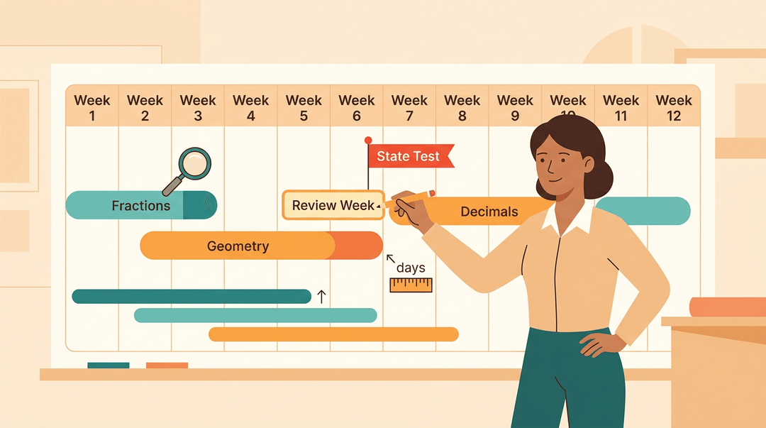 A teacher plans a year-long curriculum timeline, inserting a review week before state tests to ensure pacing and continuity.