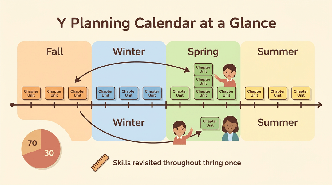 A timeline calendar shows a teacher balancing lesson blocks across seasons, featuring arrows for revisiting skills and a pie chart for time ratios.