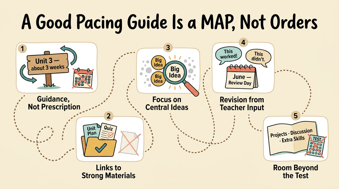 A hand-drawn map illustrates a flexible pacing guide with five stations: guidance, strong materials, central ideas, teacher input, and room beyond the test.