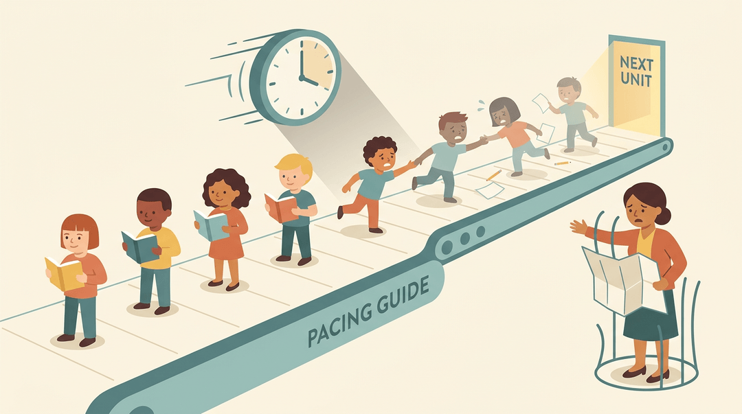 A teacher trapped by a pacing guide document watches students rush down a conveyor belt toward the next unit, leaving struggling peers behind.