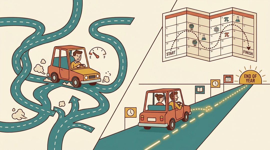 A teacher drives a car on a confusing road versus a clear highway with a calendar map, showing planning reduces stress.