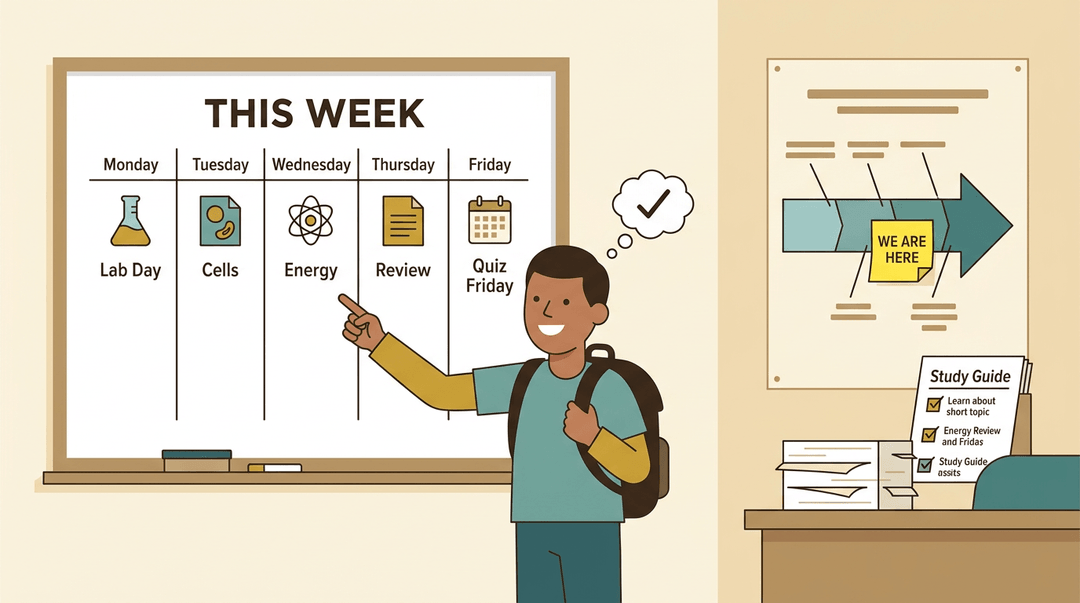 Student points to a classroom whiteboard roadmap showing weekly lessons and current progress, with a study guide nearby.