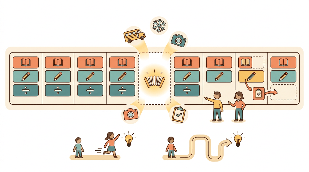 A school year timeline with a reserved flexible week absorbing unexpected events, while students reach goals at different speeds.