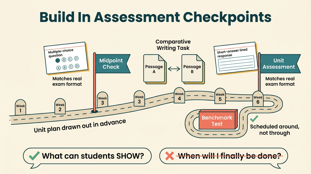 A timeline from Week 1 to 6 shows assessment checkpoints like a midpoint check and unit test, with a benchmark test scheduled around the path.
