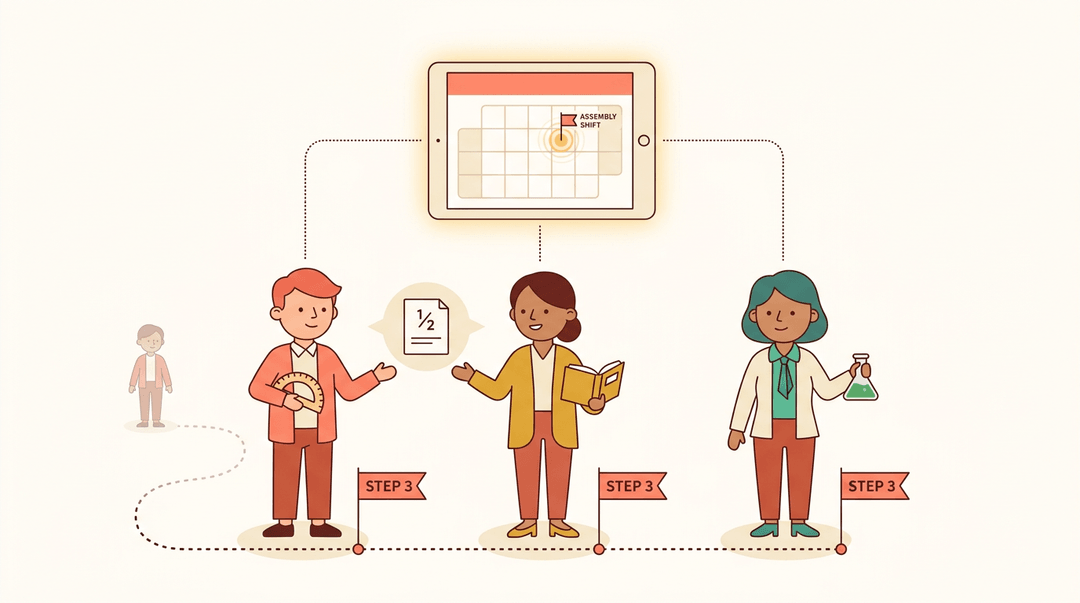 Three teachers share a schedule update via a digital calendar, while a fourth stands isolated in the background.