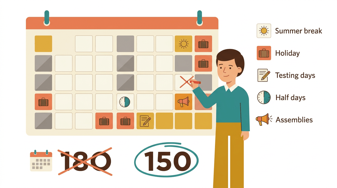 A teacher crosses off days on a school calendar, contrasting 180 total days with 150 actual teaching days.