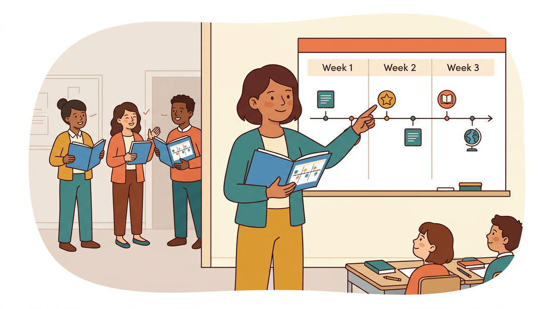A teacher points to a classroom timeline while colleagues align plans in the background and students wait calmly.