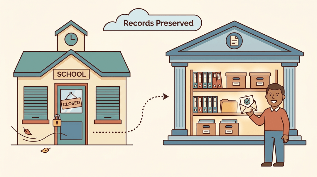 A closed school's records are safely transferred to a government archive, where a student retrieves their transcript.