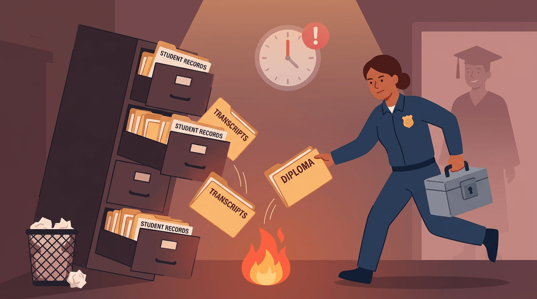 A court officer saves a diploma from burning records in an urgent rescue scene.
