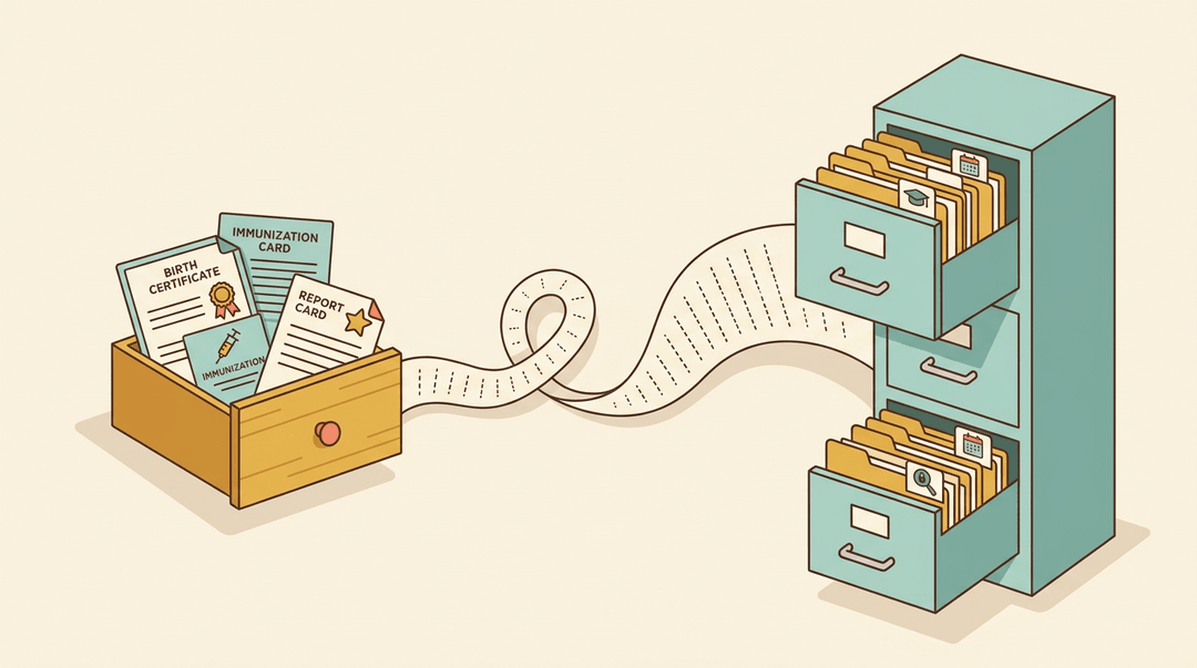 A small home drawer of personal records connects via a dotted trail to a massive school filing cabinet, illustrating data scaling.