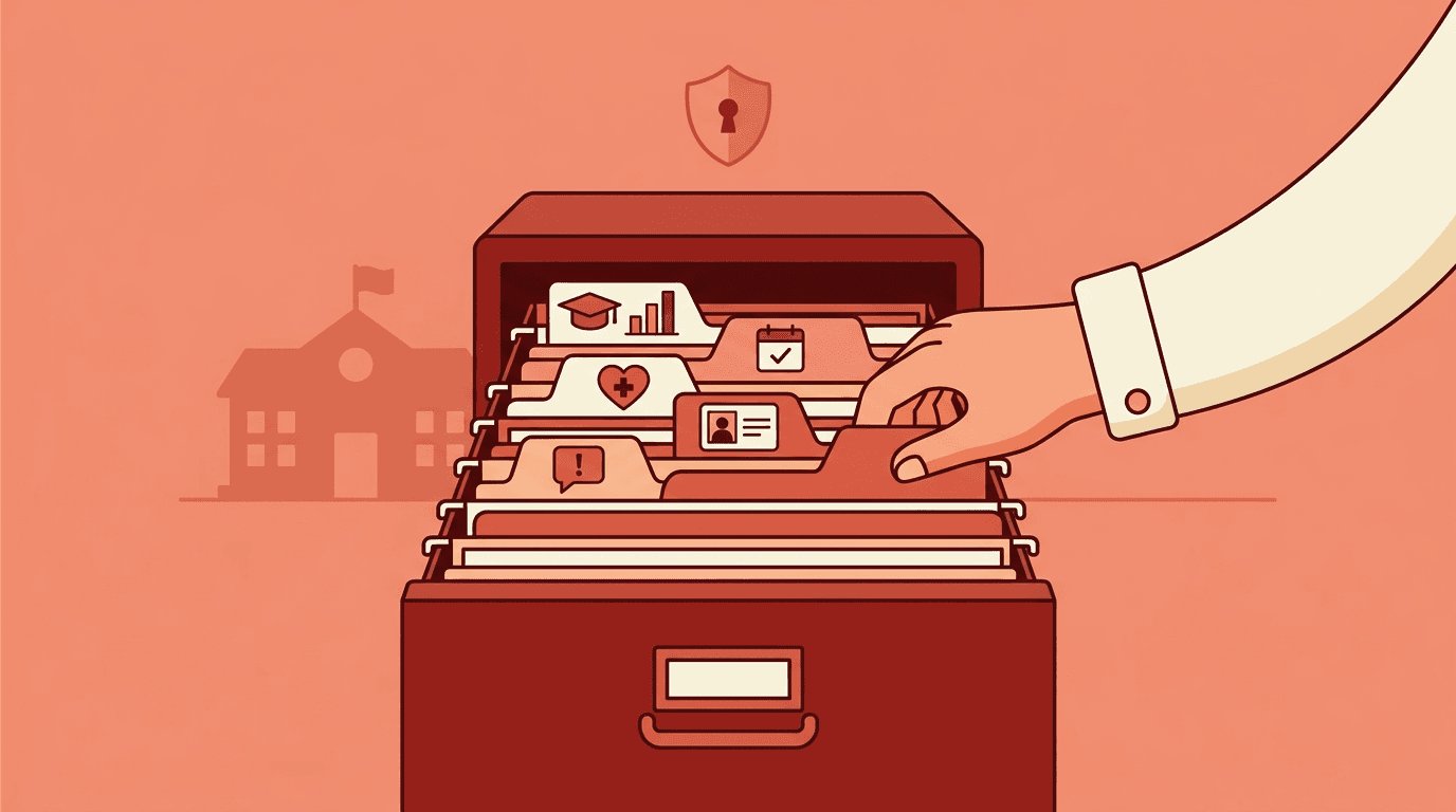 Hand pulls a labeled student record folder from an organized cabinet, symbolizing secure and accessible school data management.