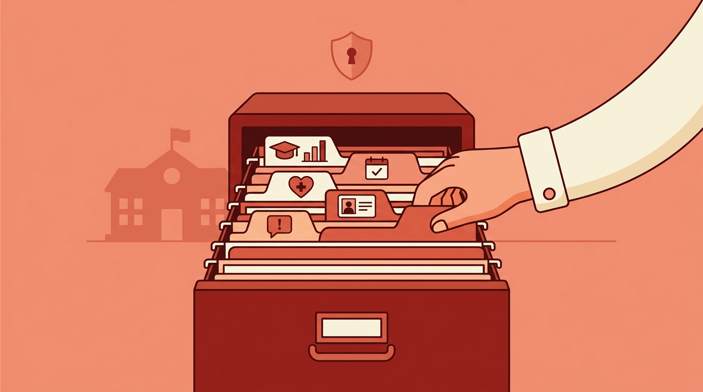 Hand pulls a labeled student record folder from an organized cabinet, symbolizing secure and accessible school data management.