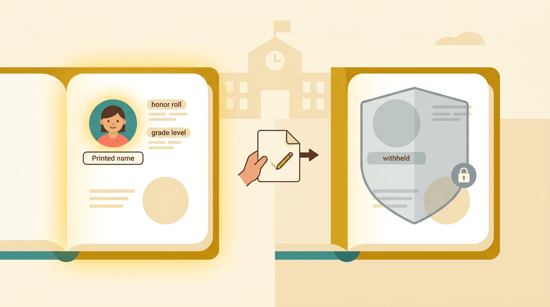A split image contrasts a public yearbook page with a private, shielded one, symbolizing FERPA privacy and parental rights.