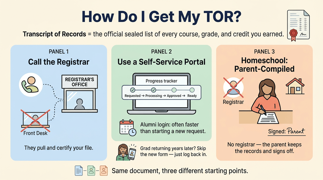 Infographic showing three ways to get a Transcript of Records: calling the registrar, using an alumni portal, or having a homeschool parent sign off.