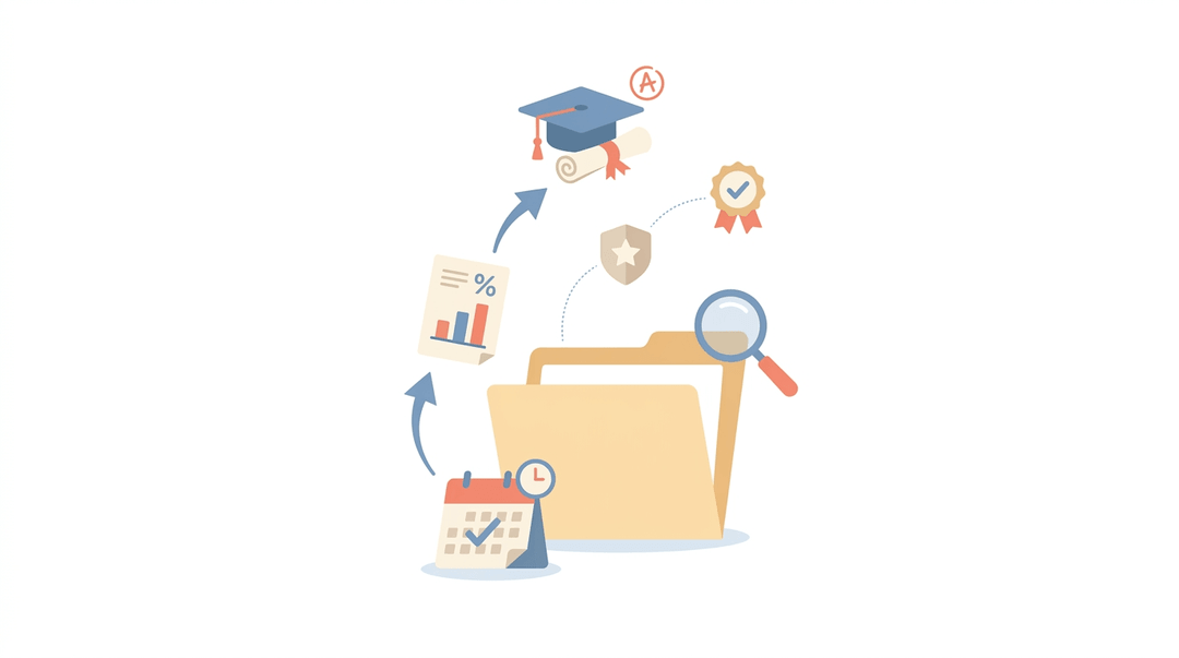 Icons of attendance, grades, and behavior flow upward into a folder, showing how daily records build a permanent student file.