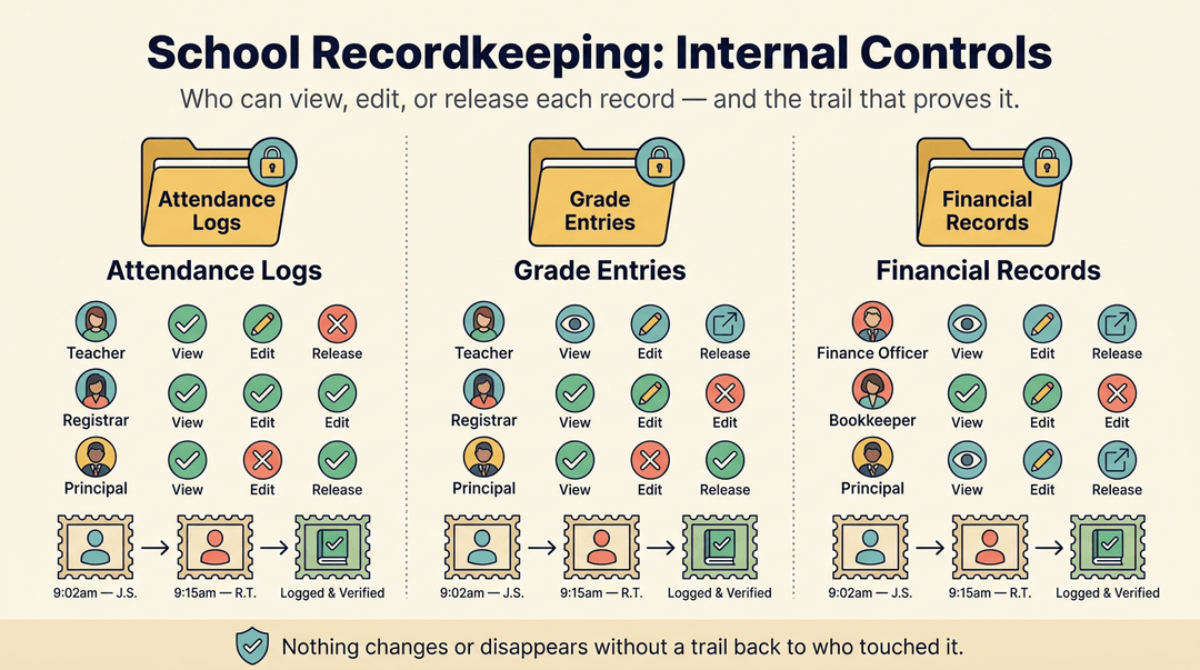Infographic showing internal controls for school records, detailing who can view, edit, or release attendance, grades, and financial data with audit trails.