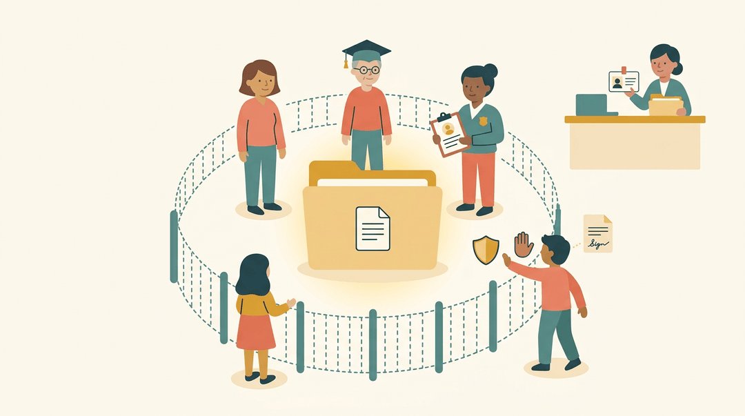 A protected file folder is accessible only to verified parent, student, and staff, while an outsider is stopped by a shield requiring consent.