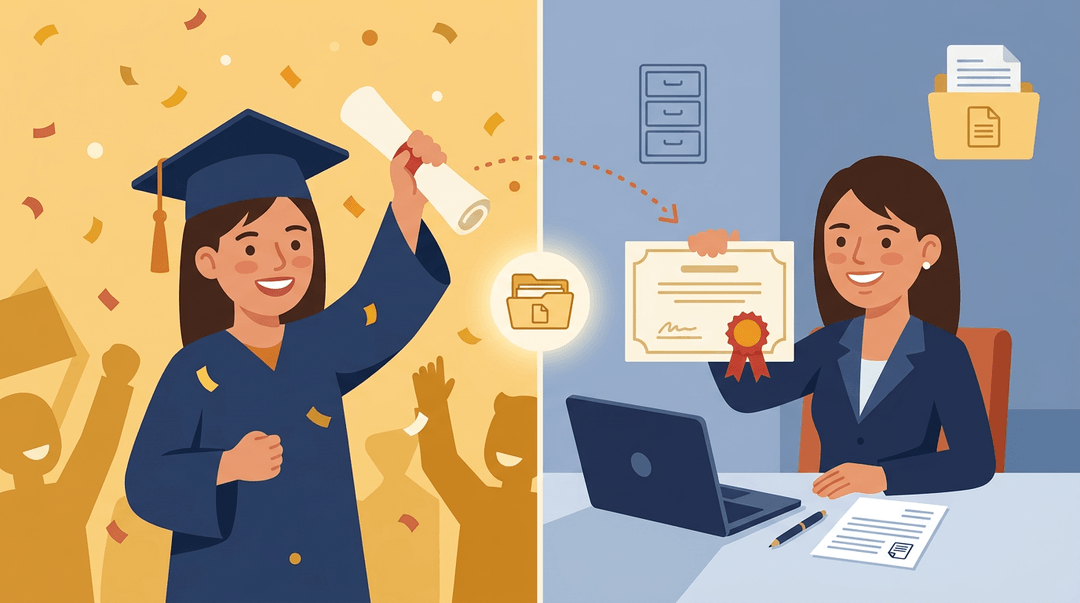 A woman holds her diploma at graduation and later uses it for a job application, symbolizing preserved educational records.
