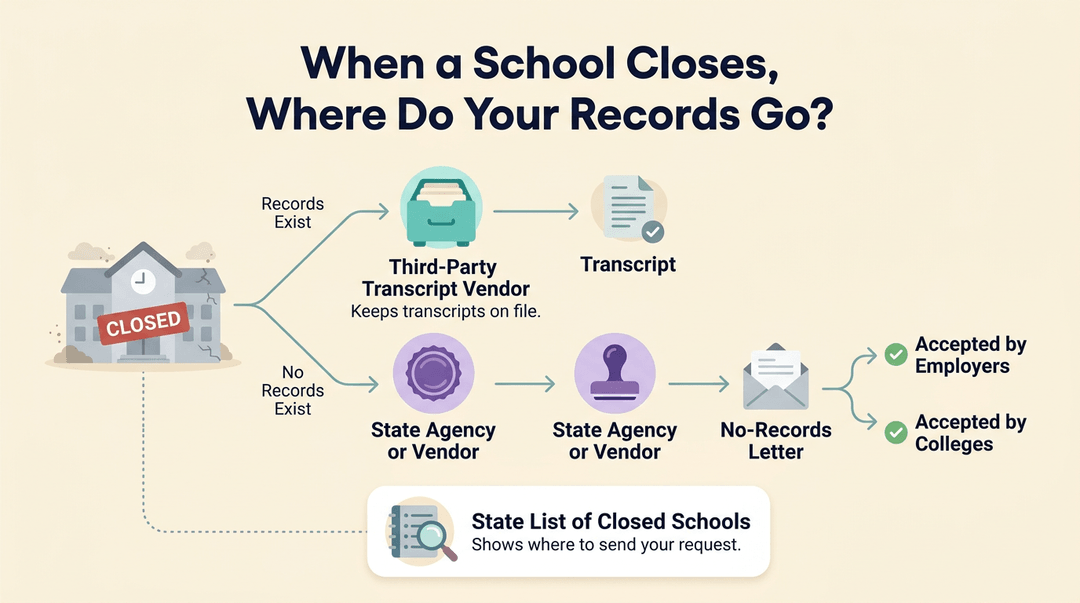 Flowchart showing how to find transcripts from a closed school via vendors or state agencies.