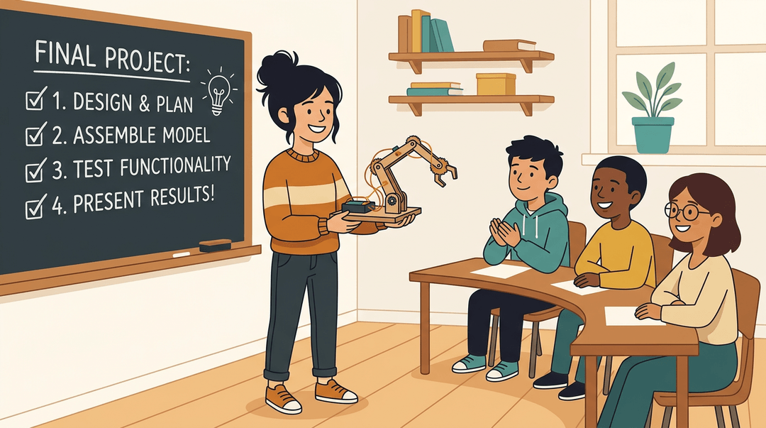 A confident teen presents a small assembled device to engaged peers in a classroom, with a ticked-off checklist on the chalkboard behind them.