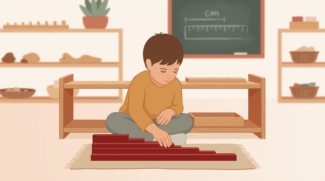 A child explores graduated red rods on a mat, learning measurement concepts through hands-on play.