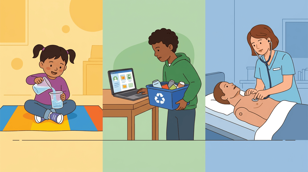 Three panels show stages of hands-on learning: a child pouring water, a student coding, and an adult on a medical mannequin.