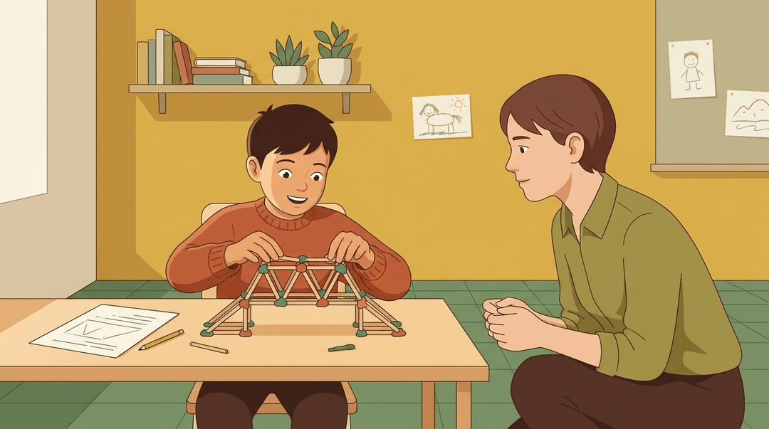 A student with ADHD is deeply engaged in building a bridge model with wooden sticks and clay, while a teacher observes.