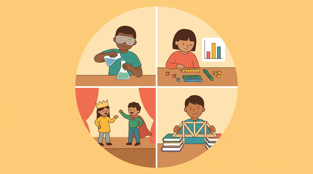 A circle divides into four quadrants, each showing simple scenes of students engaging in science, math, humanities, and design.