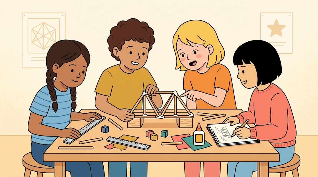 Four elementary students collaborate on a craft project around a table with a half-built bridge at its center.