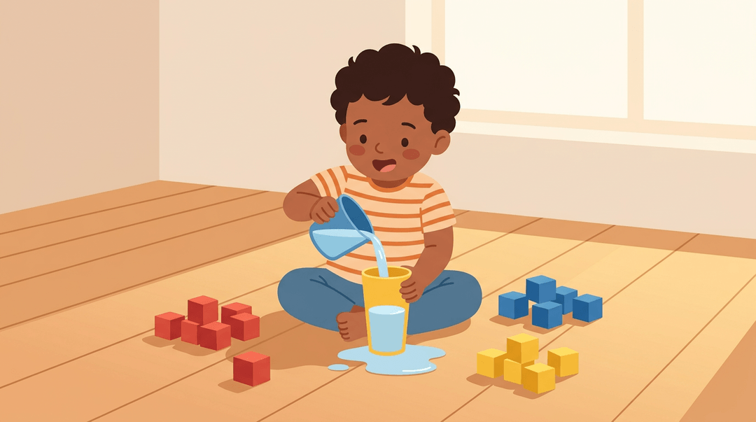 A happy child on a warm sunlit floor pours water between cups, with colorful wooden blocks nearby.