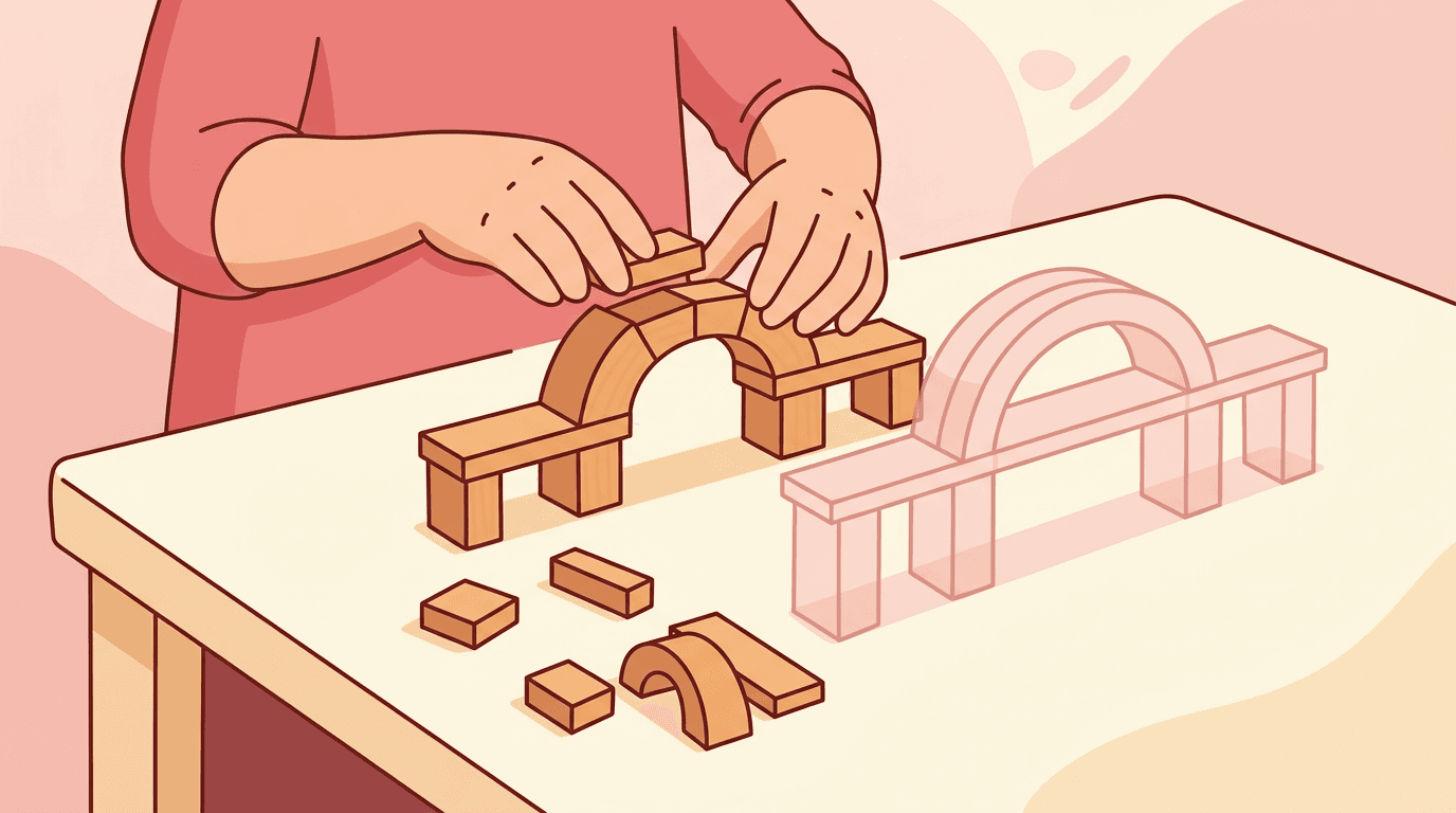 Child's hands build a wooden block bridge, with a faint outline of the finished bridge showing their mental model.