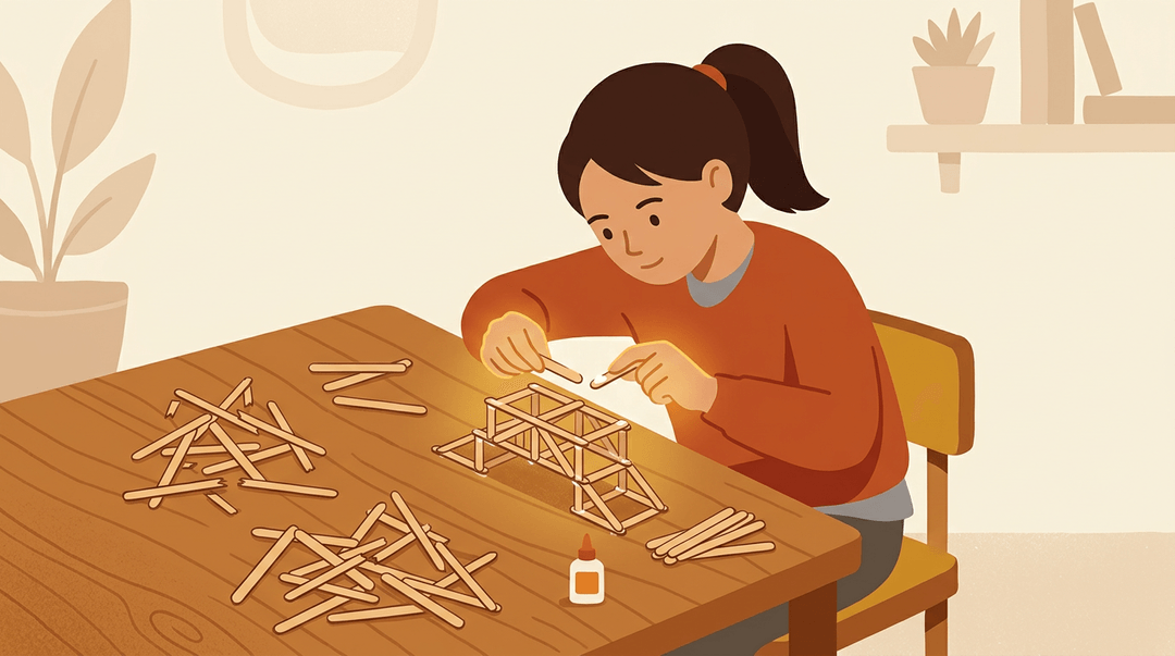 A student focused on building a craft stick bridge, with partially collapsed attempts scattered on the table.