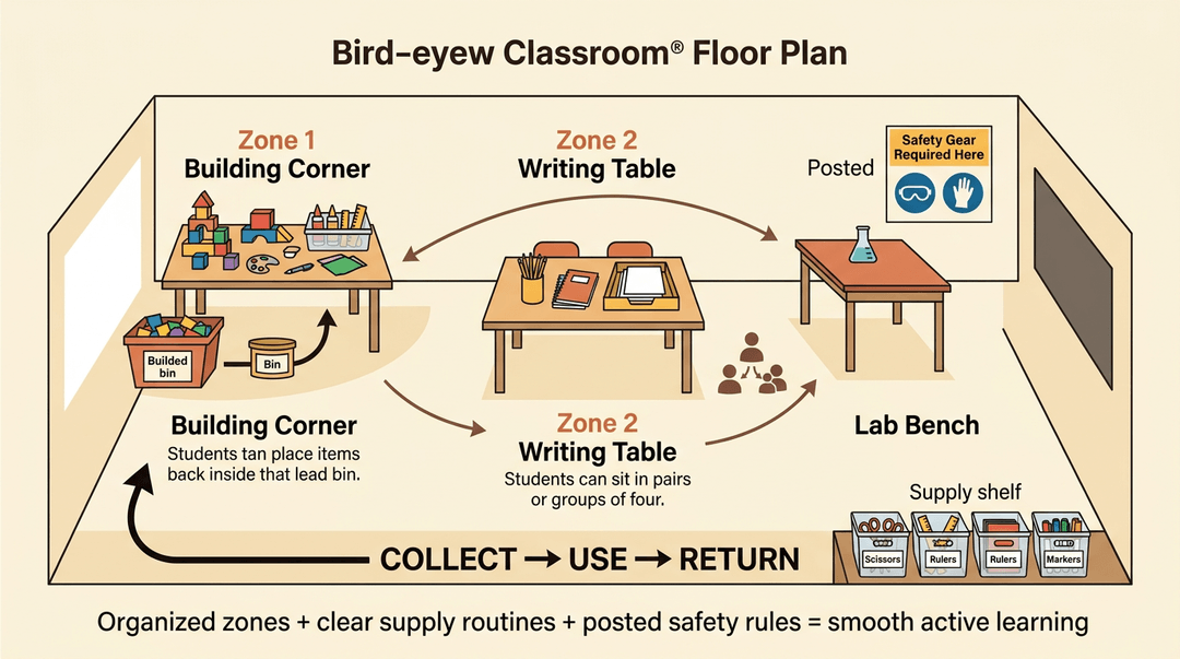 A classroom floor plan with three learning zones, clear supply routines, and posted safety rules for smooth active learning.
