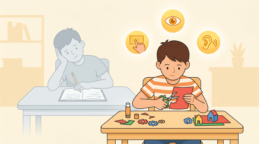 A bright student actively builds with scissors and paper, while ghost-like figures of passive learning fade in the background.