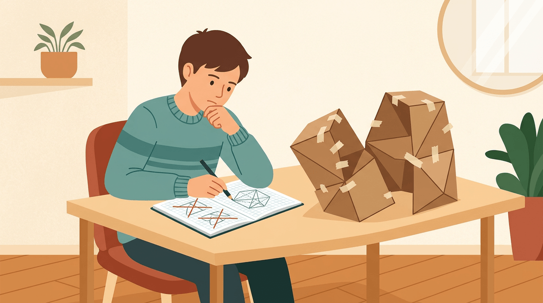 A student thoughtfully sketches a revised plan in a notebook next to a partially collapsed cardboard geometric model.