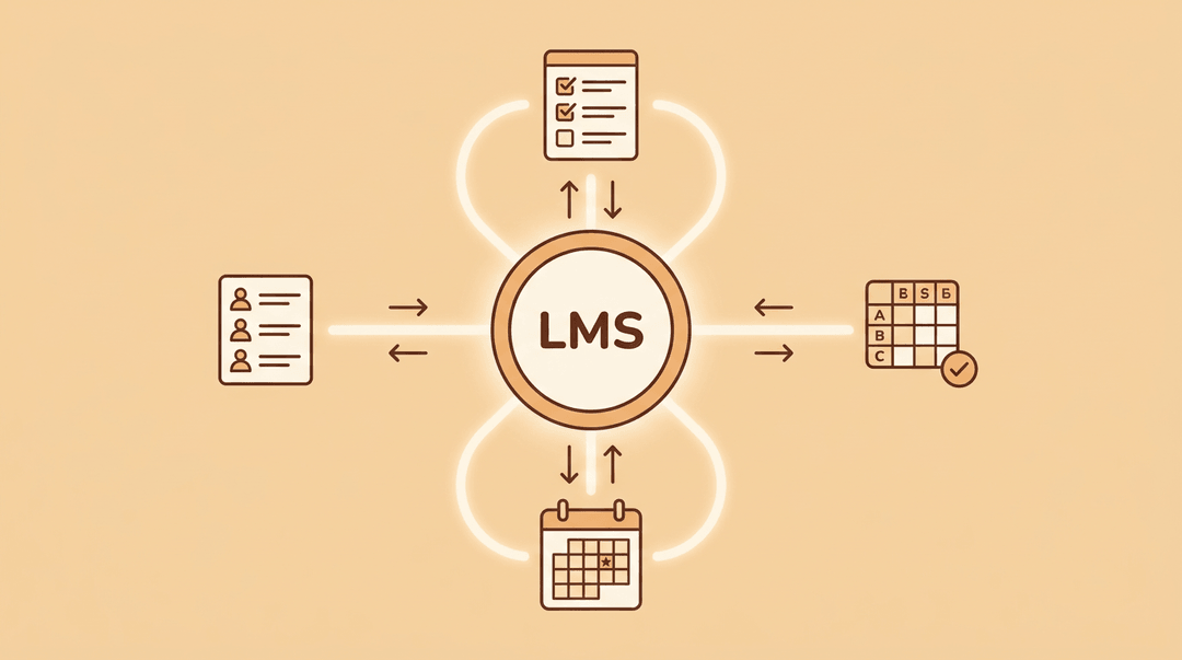 A central LMS hub connected by glowing lines to satellite icons representing a student roster, gradebook, quiz tool, and calendar.