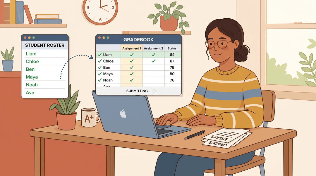 A smiling teacher watches her computer screen, where student names are automatically transferring from a roster to a gradebook.
