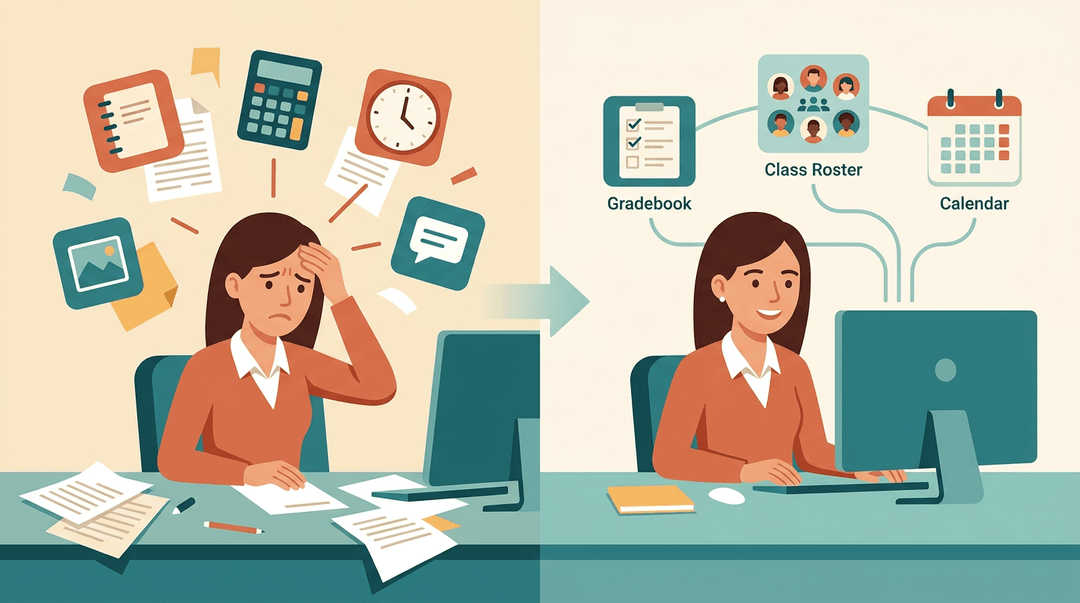 A split image shows a frustrated teacher on the left amidst digital chaos, contrasted with the same teacher smiling at an organized digital workspace on the right.