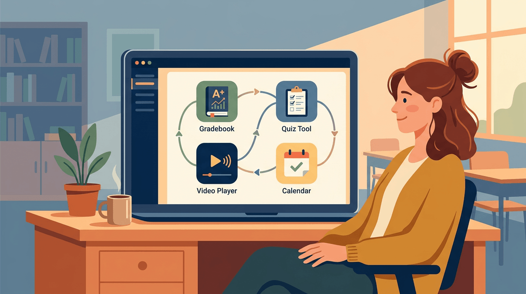 A teacher calmly oversees a laptop displaying interconnected app icons suggesting a streamlined, unified system in a classroom.