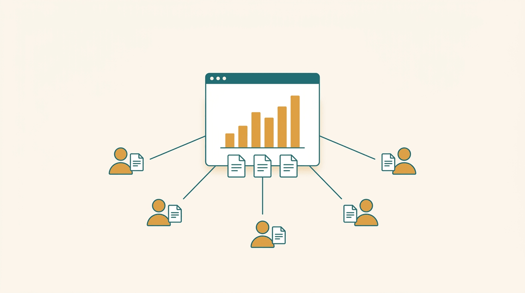 A dashboard shows a rising bar chart and three document icons, with lines connecting to five identical figures, each receiving a document.