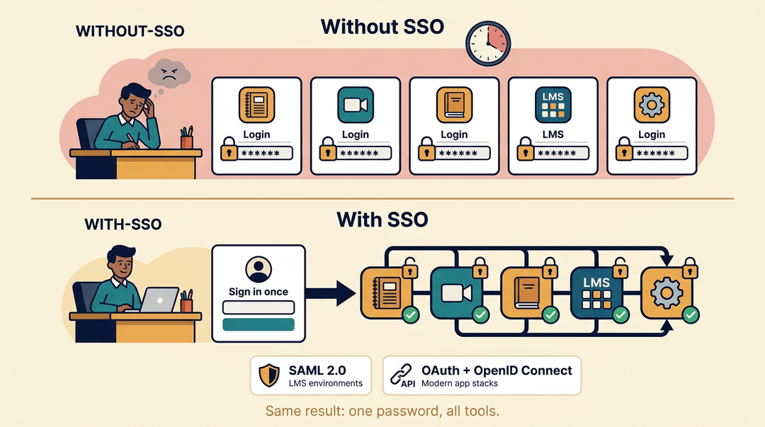 A two-part graphic contrasts a stressed teacher logging into five apps without SSO and a calm teacher using SSO to access them all.