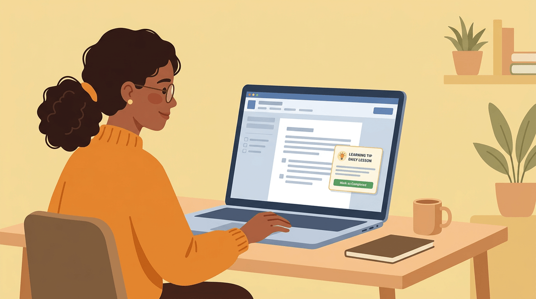 A student in warm, minimal colors looks relaxed at a laptop, where a learning card is seamlessly integrated into their workspace.