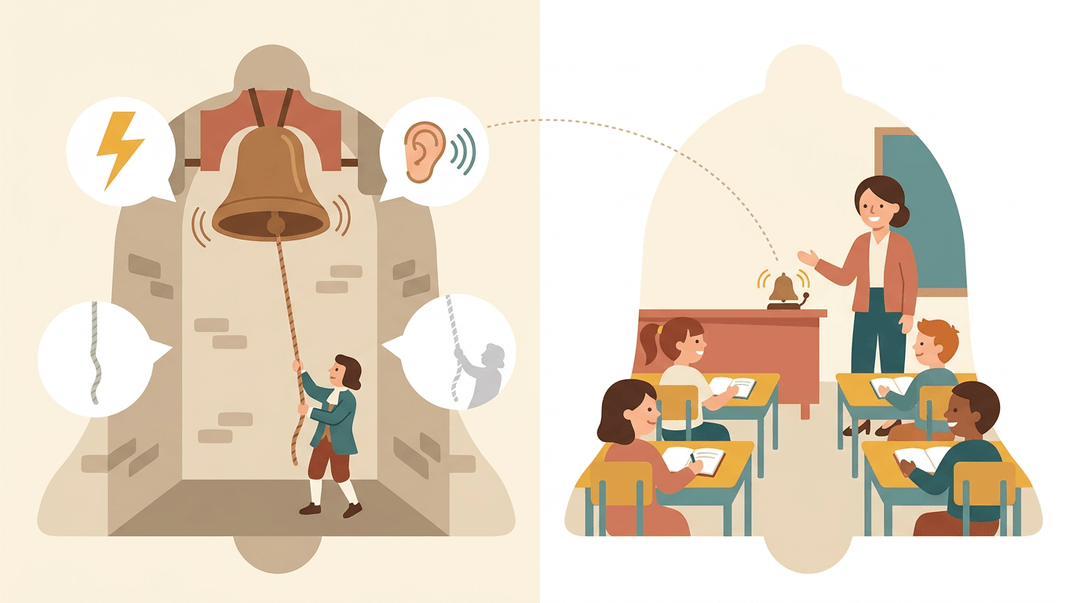 A flat illustration connects a historic bell tower to a modern classroom, showing the evolution of bell use from ringing to class signals.