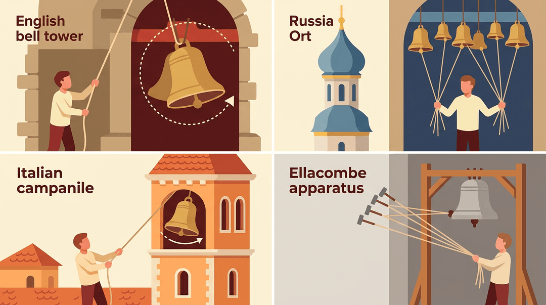Four-panel infographic comparing English, Russian, Italian, and Ellacombe bell ringing methods using flat vector illustrations.