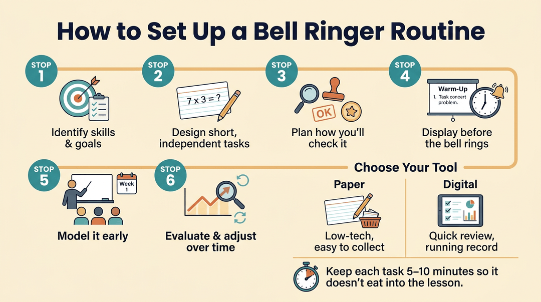 An infographic illustrating six steps to set up a bell ringer routine, comparing paper and digital tools.