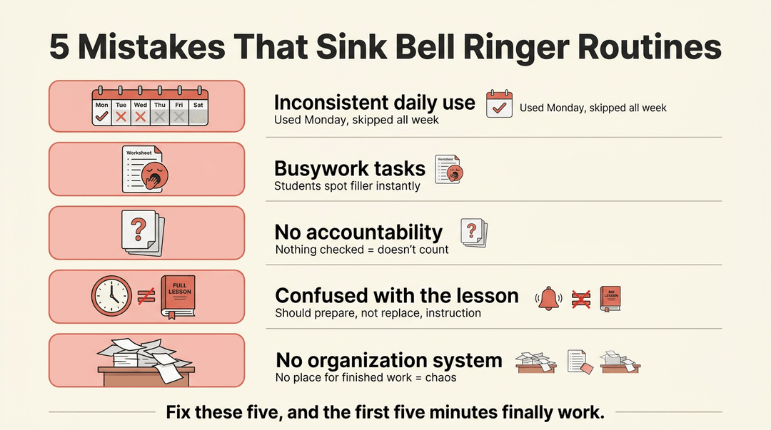 Infographic listing five common bell ringer mistakes with icons and tips to fix them.
